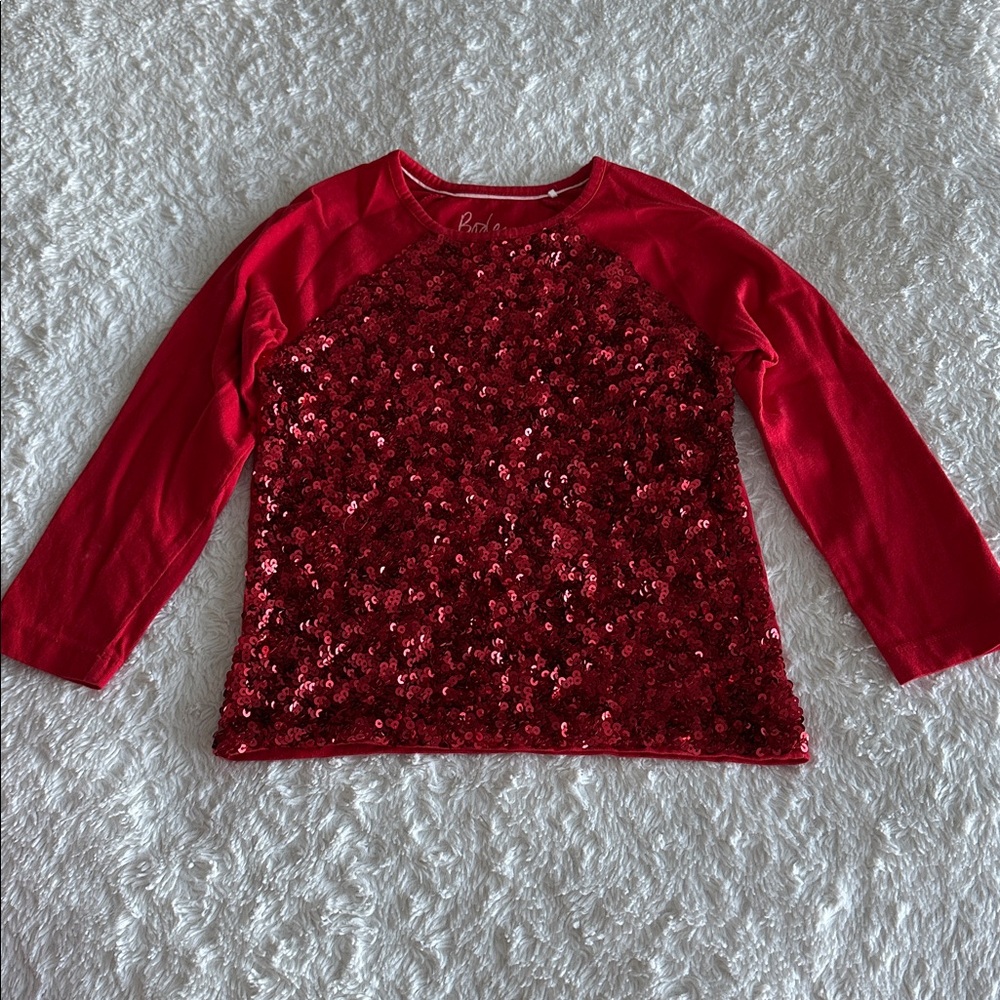 Mini Boden girls size 5-6 red sequin front long sleeve knit shirt holiday